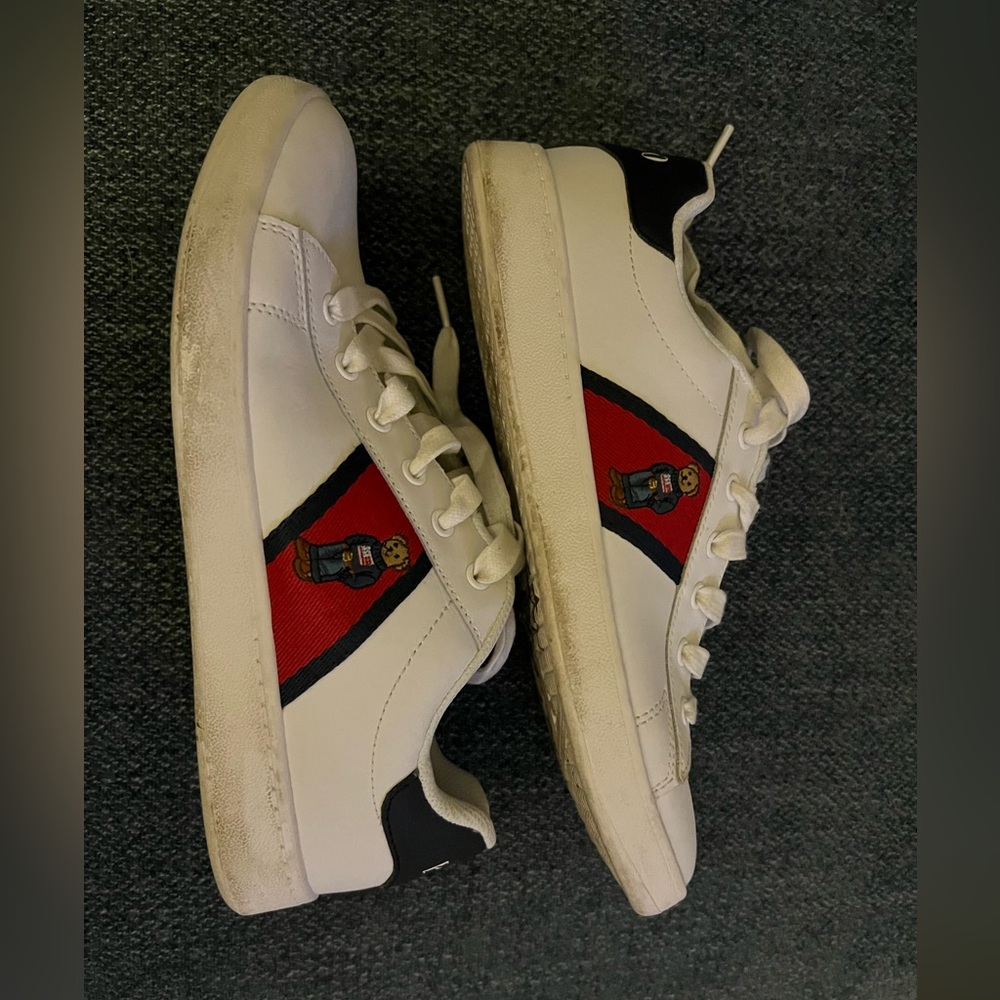 Polo Ralph Lauren White leather Sneakers with Red and Blue Stripe big kids sz 6